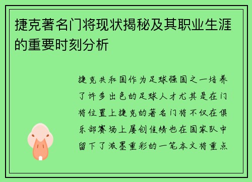 捷克著名门将现状揭秘及其职业生涯的重要时刻分析 捷克著名门将现状揭秘及其职业生涯的重要时刻分析