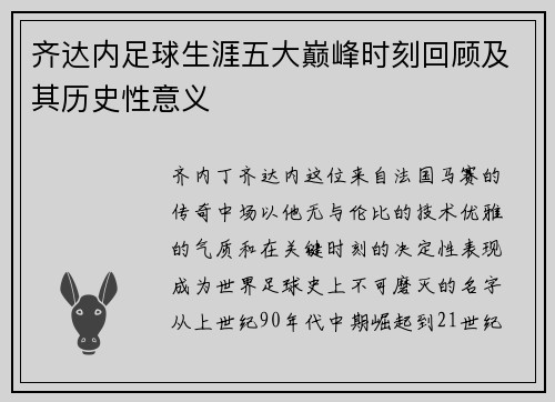 齐达内足球生涯五大巅峰时刻回顾及其历史性意义