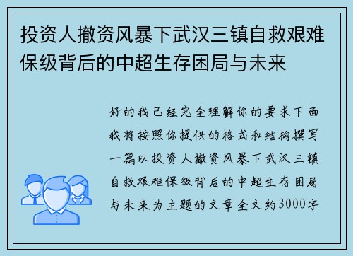 投资人撤资风暴下武汉三镇自救艰难保级背后的中超生存困局与未来