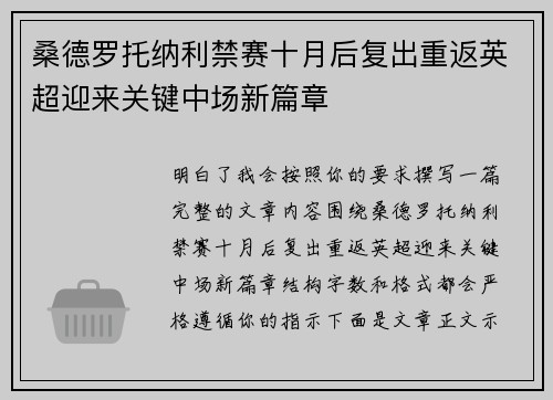 桑德罗托纳利禁赛十月后复出重返英超迎来关键中场新篇章