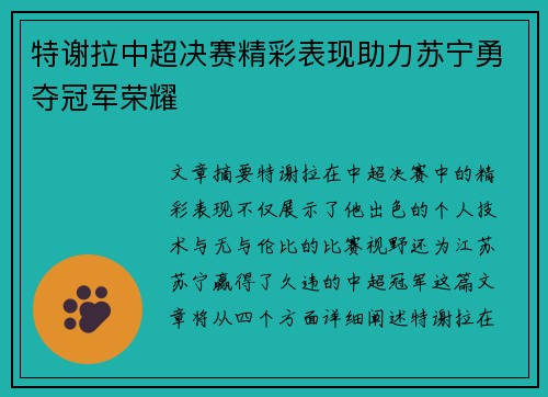特谢拉中超决赛精彩表现助力苏宁勇夺冠军荣耀