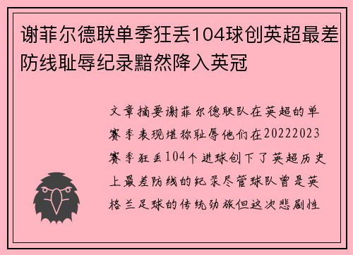 谢菲尔德联单季狂丢104球创英超最差防线耻辱纪录黯然降入英冠 谢菲尔德联单季狂丢104球创英超最差防线耻辱纪录黯然降入英冠
