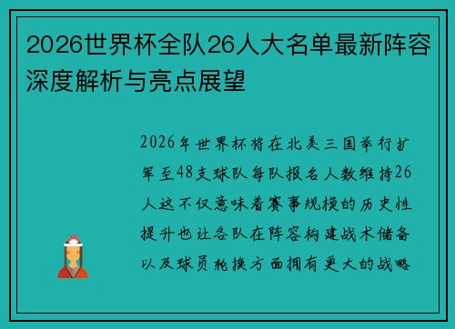 2026世界杯全队26人大名单最新阵容深度解析与亮点展望