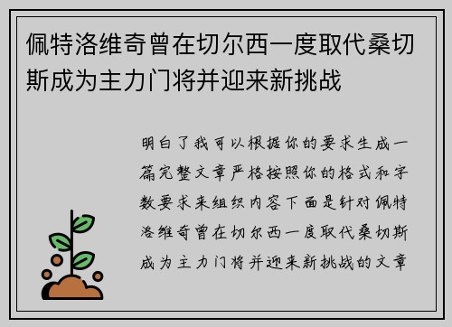 佩特洛维奇曾在切尔西一度取代桑切斯成为主力门将并迎来新挑战